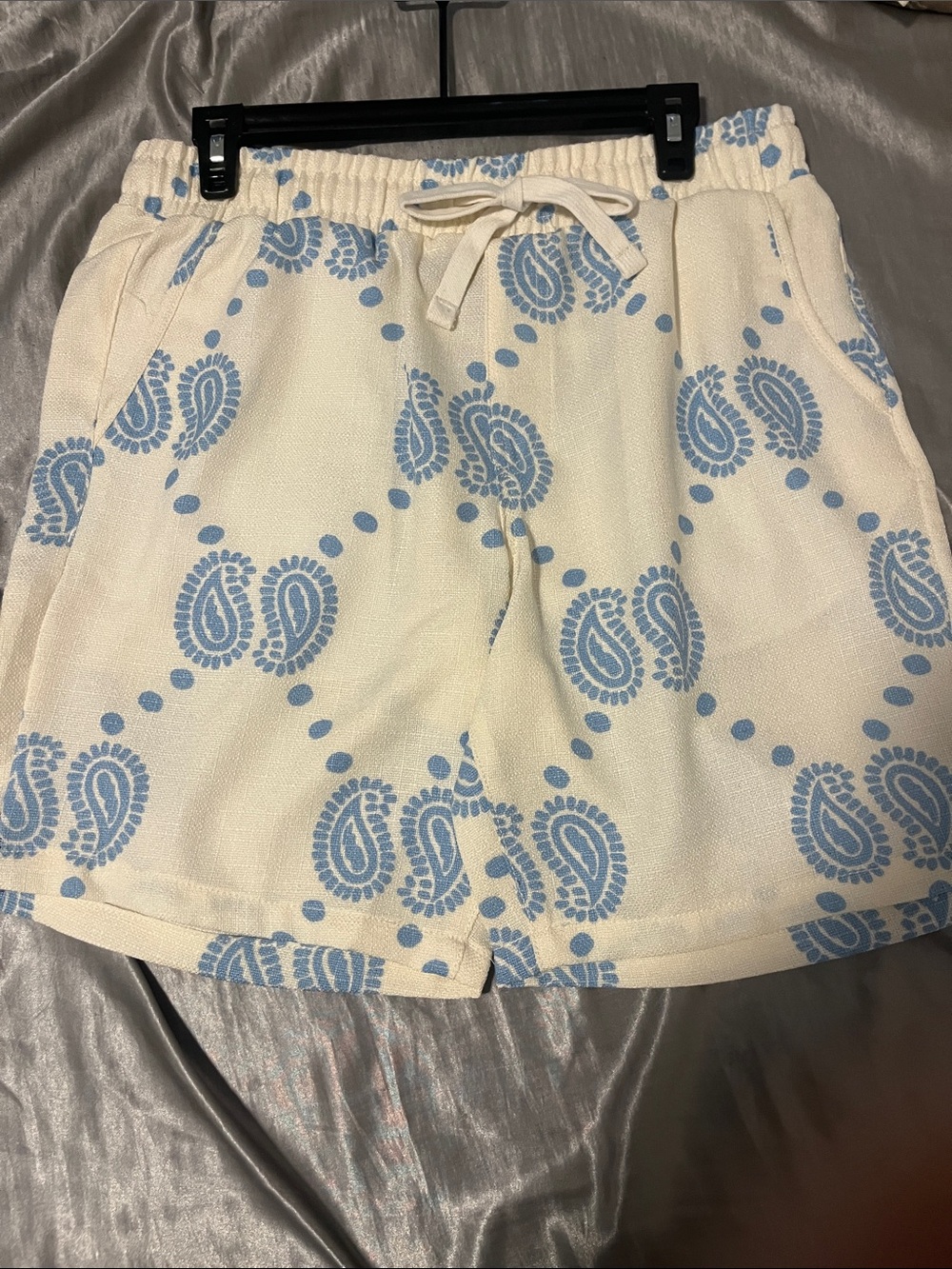 All Saints Cream Shorts with Light Blue Paisley Print